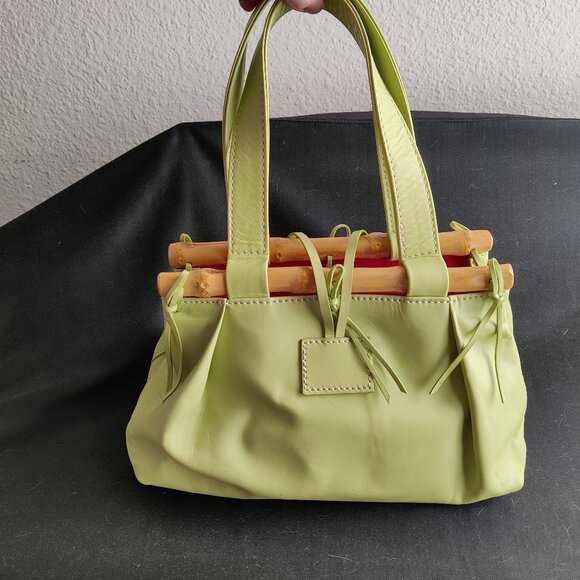 Hype Genuine Leather Bamboo Satchel Bag ~Gorgeous Lime Green Color - Picture 3 of 13